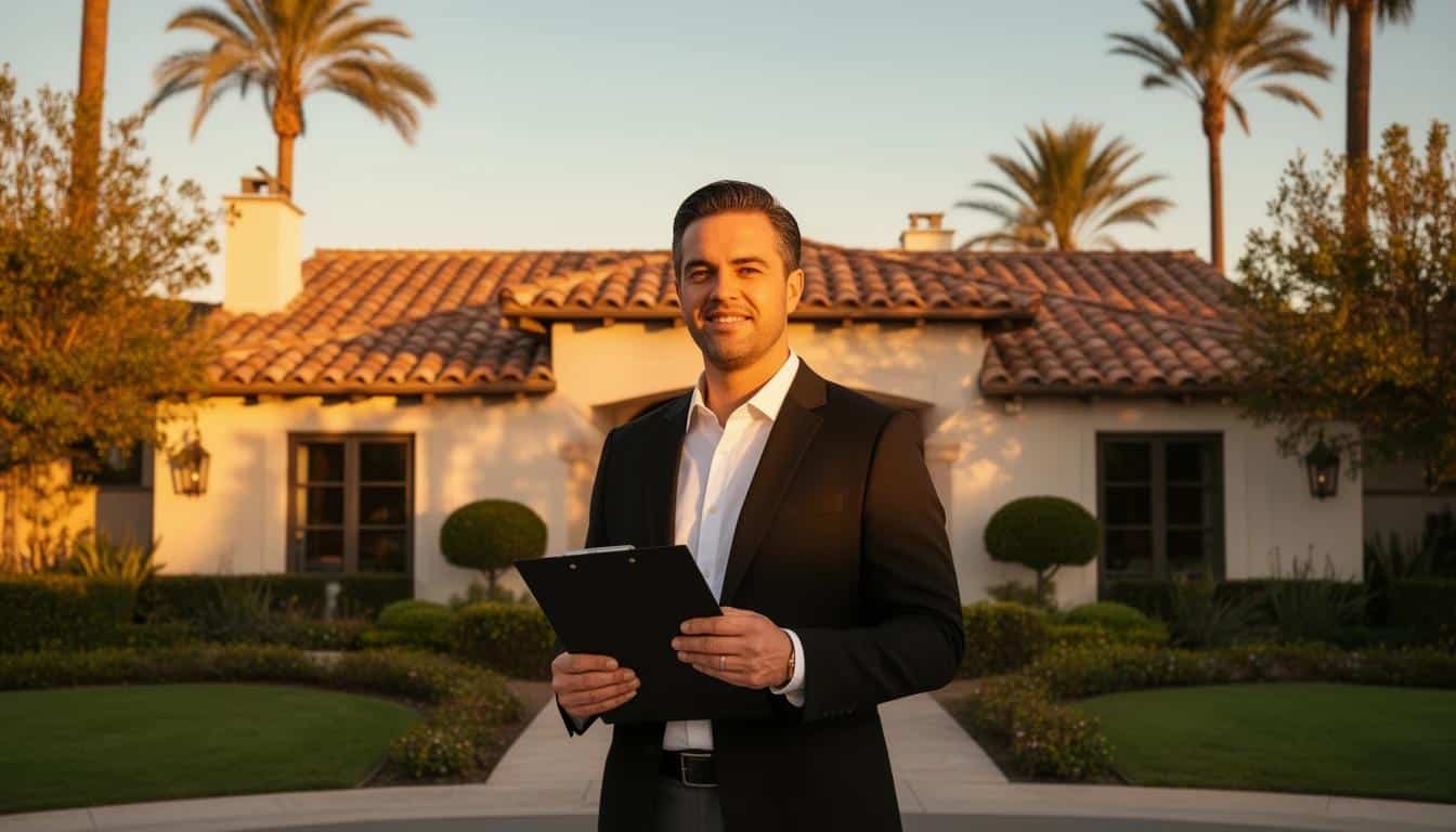 Professional property manager in front of a luxury rental home in Temecula, CA