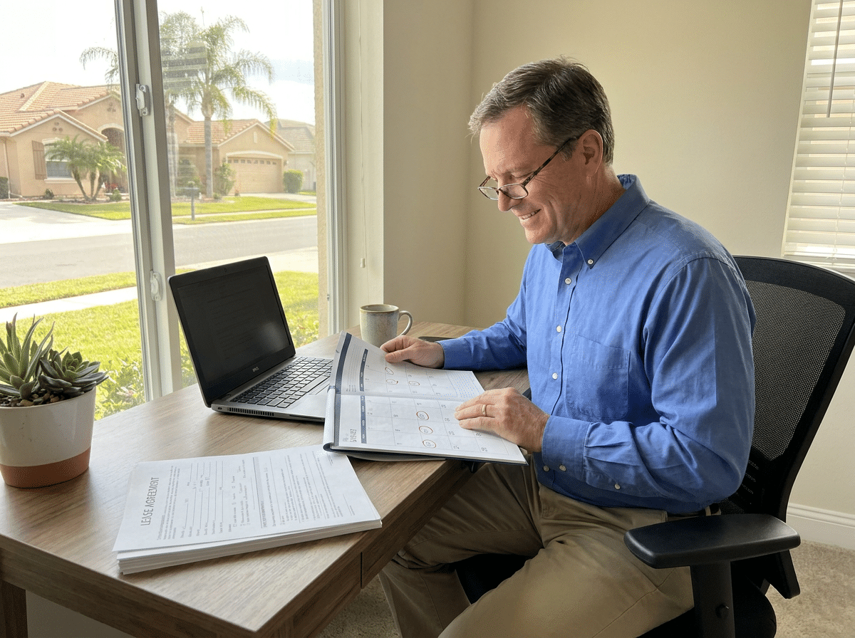 California landlord reviewing late rent documents at a home office desk