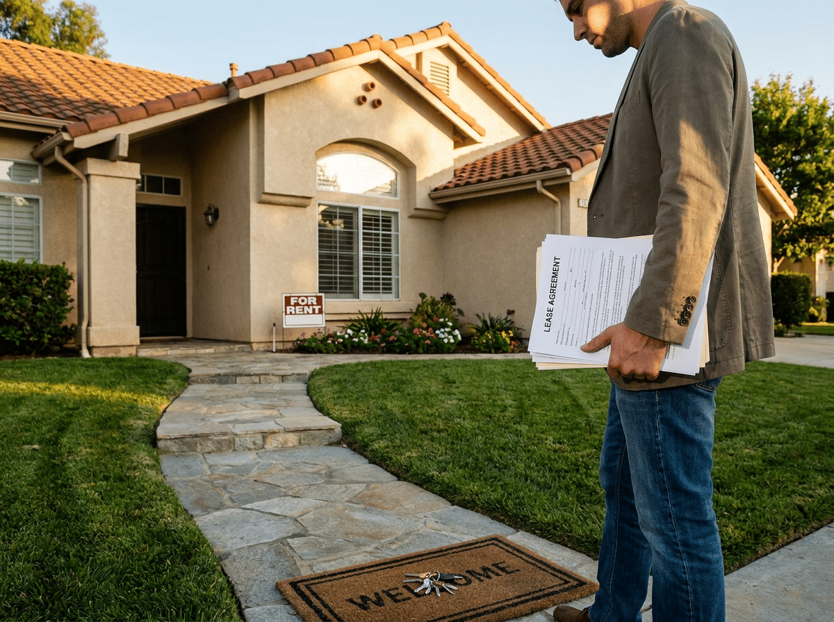 California landlord holding lease agreement at front door of Temecula rental home