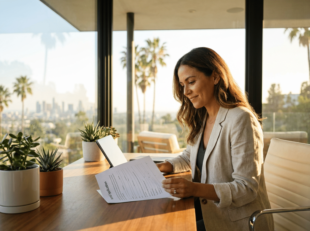 Landlord reviewing a rental application in a Temecula home office
