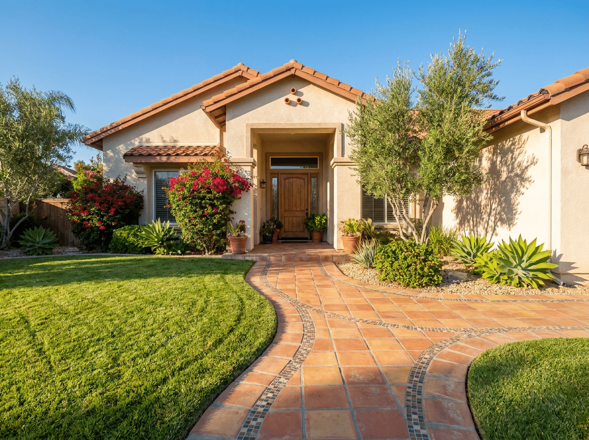 Well-maintained Southern California single-family rental home with tiled walkway and lush landscaping — illustrating landlord liability protection in Temecula CA